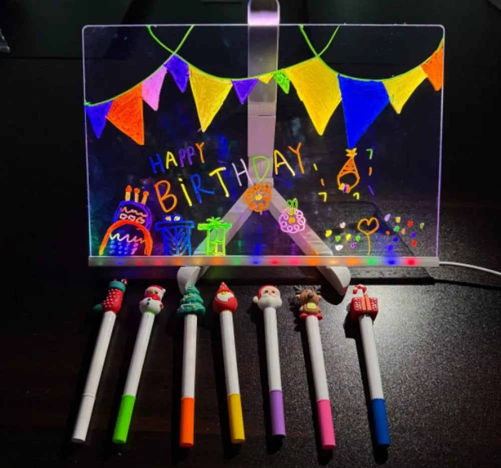 Pizarra LED con dibujo colorido de feliz cumpleaños
